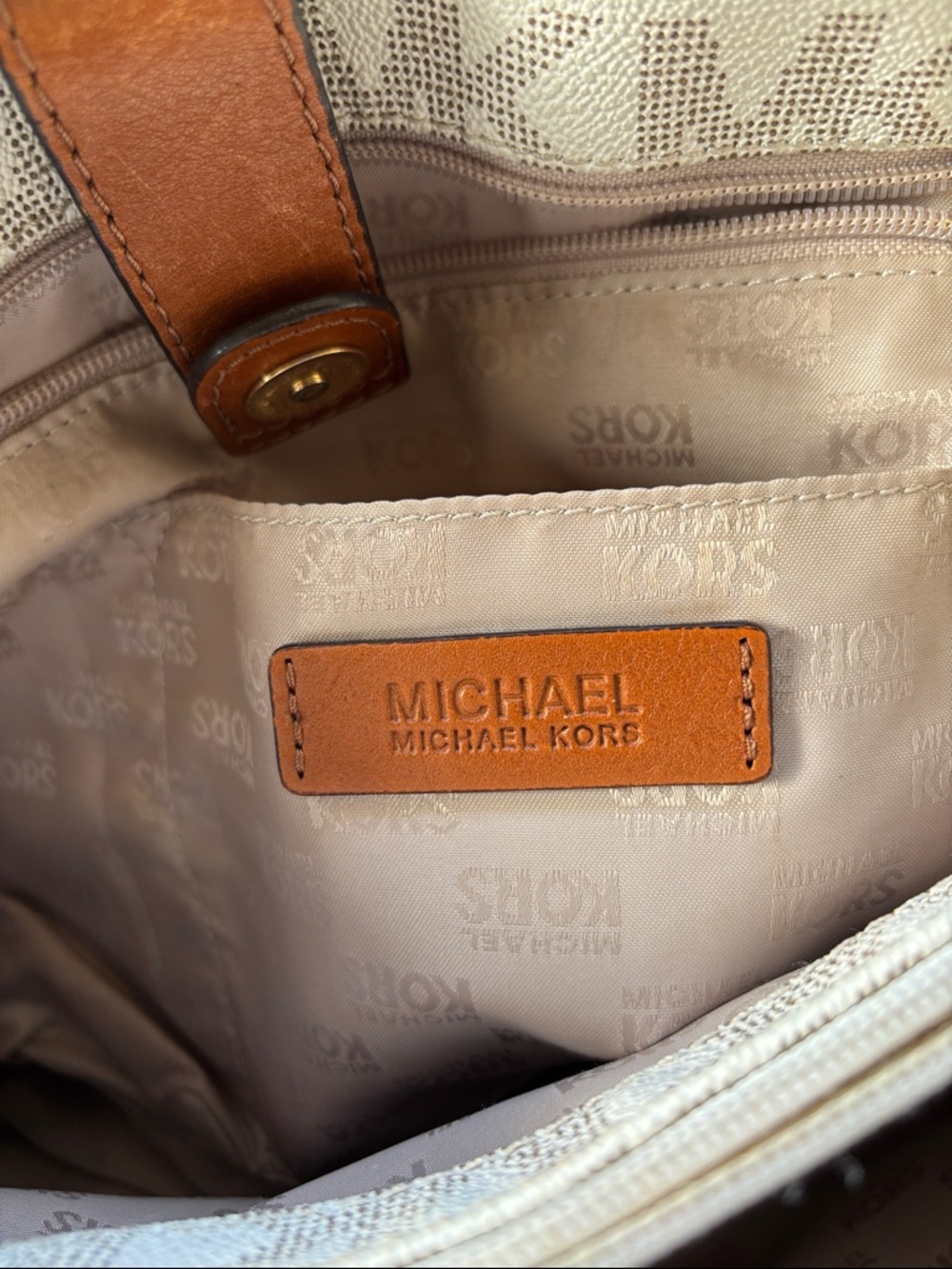 Michael Kors Beige Logo Tote with Brown Leather Handles - Picture 12 of 16